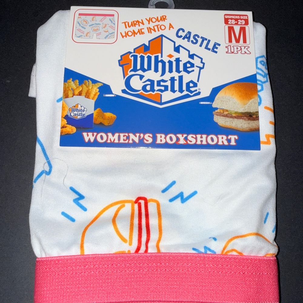 White Castle Boyshort Underwear Women M 28-29 NEW Pink Waistband Slider Print